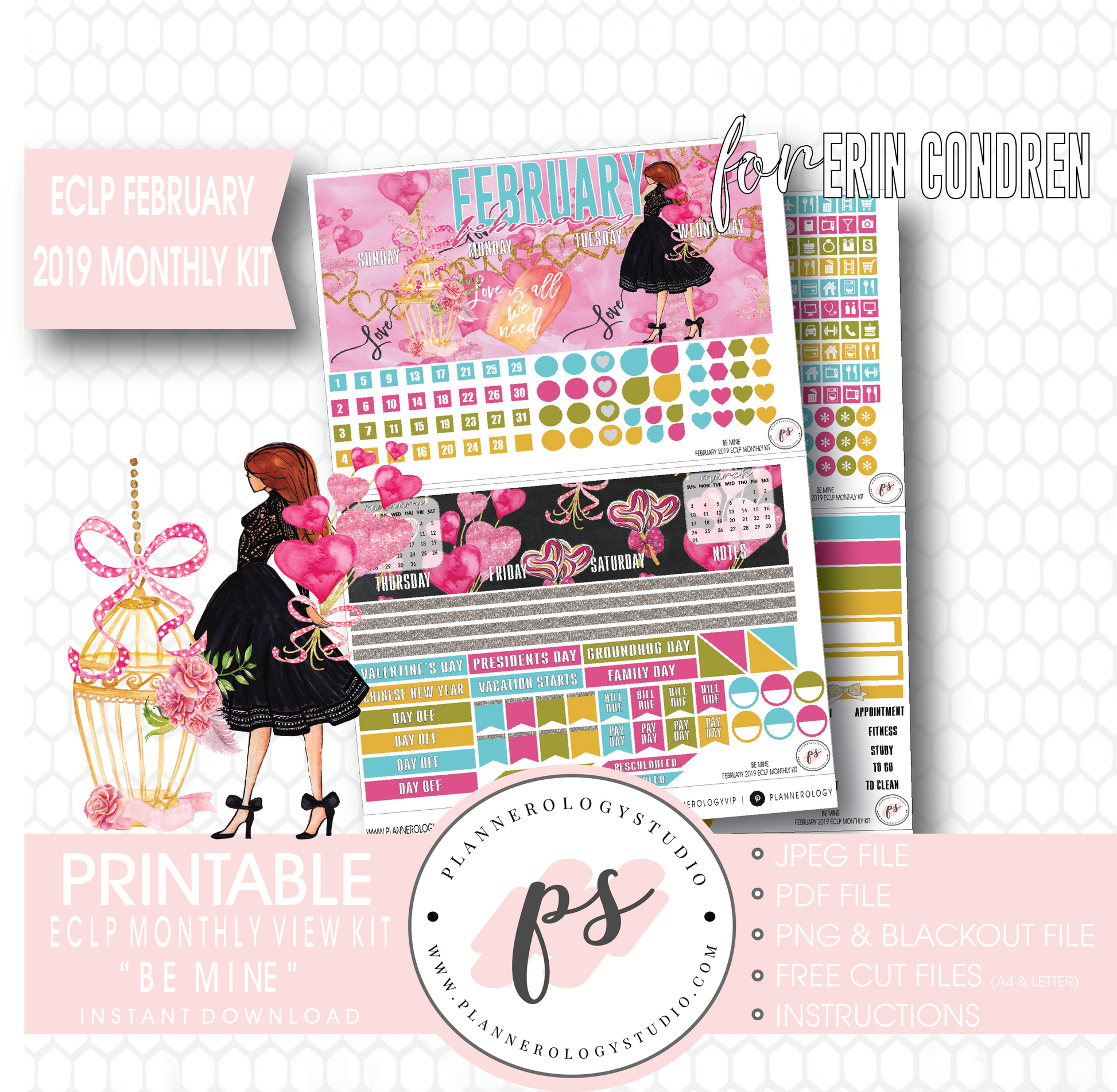 Be Mine (Valentine's Day) February 2019 Monthly View Kit Digital Printable Planner Stickers (for use with Erin Condren) - Plannerologystudio