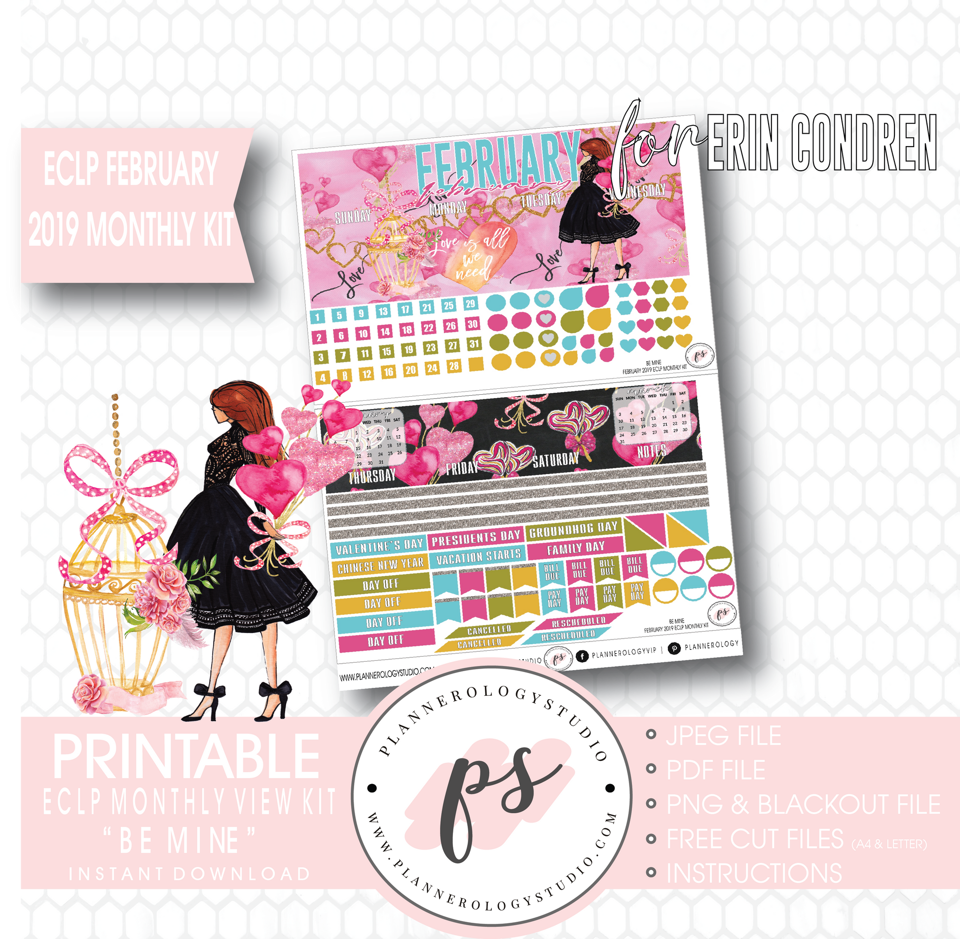 Be Mine (Valentine's Day) February 2019 Monthly View Kit Digital Printable Planner Stickers (for use with Erin Condren) - Plannerologystudio