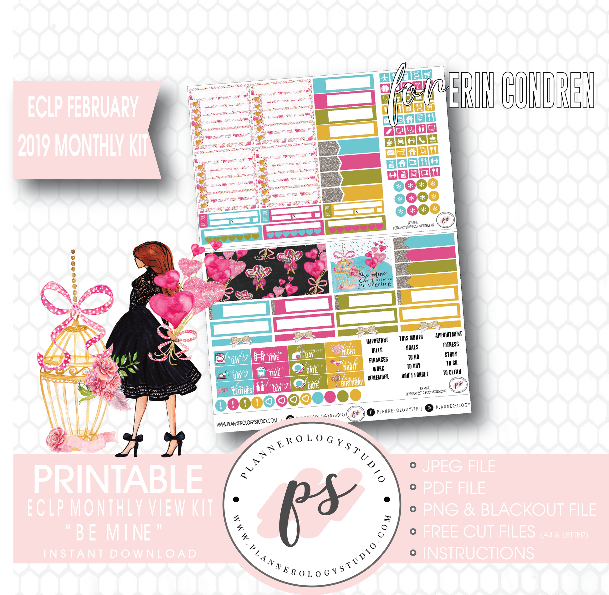 Be Mine (Valentine's Day) February 2019 Monthly View Kit Digital Printable Planner Stickers (for use with Erin Condren) - Plannerologystudio