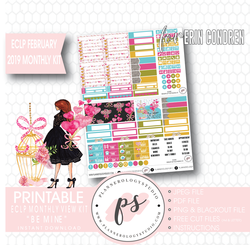 Be Mine (Valentine's Day) February 2019 Monthly View Kit Digital Printable Planner Stickers (for use with Erin Condren) - Plannerologystudio