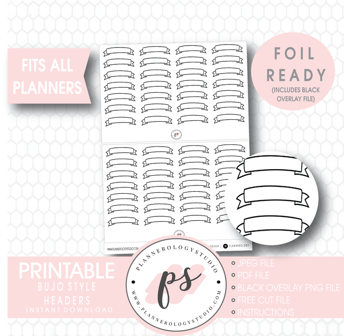 Bujo Bullet Journal Style Headers Digital Printable Planner Stickers (Foil Ready) - Plannerologystudio