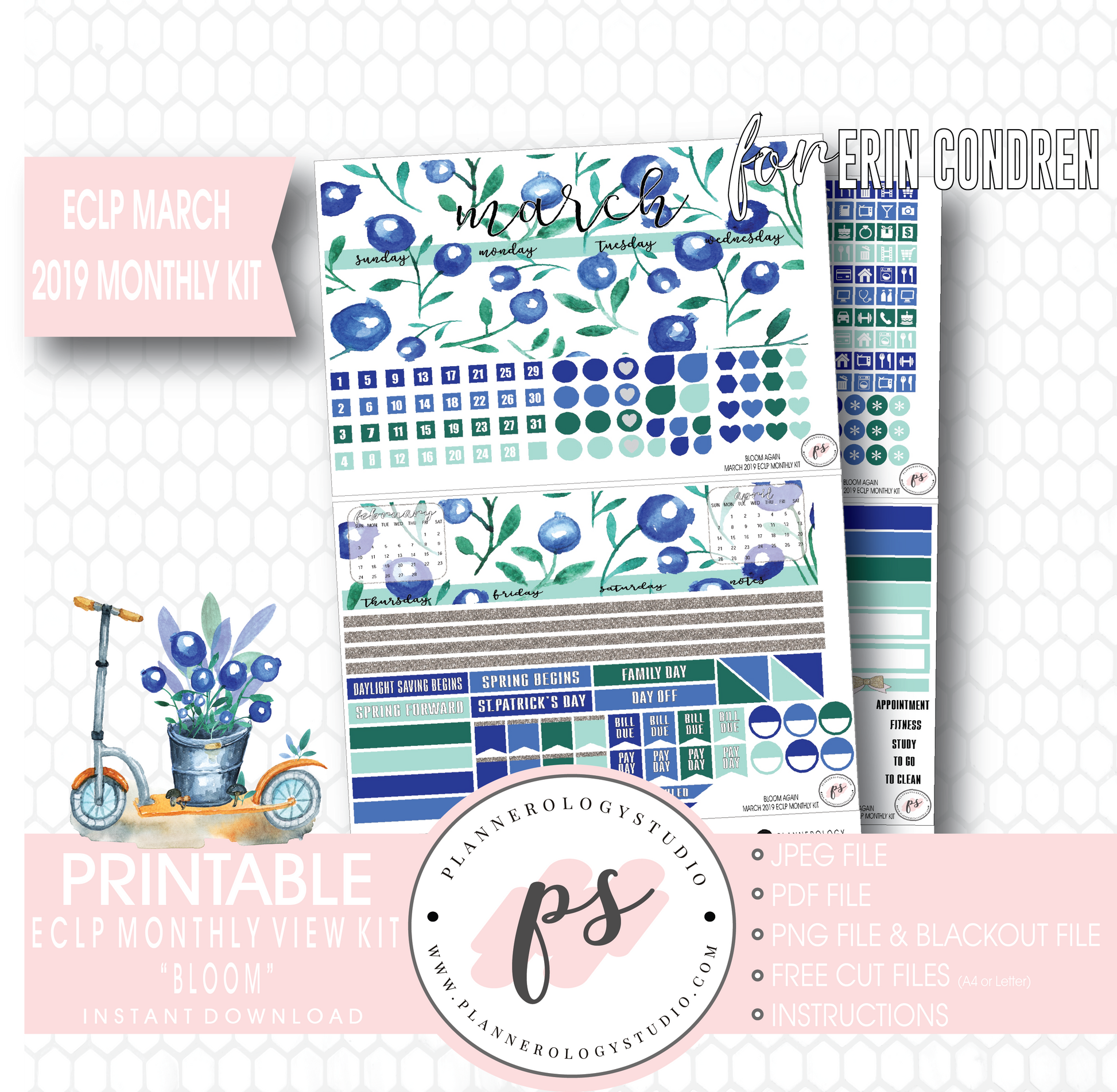 Bloom Again March 2019 Monthly View Kit Digital Printable Planner Stickers (for use with Erin Condren) - Plannerologystudio