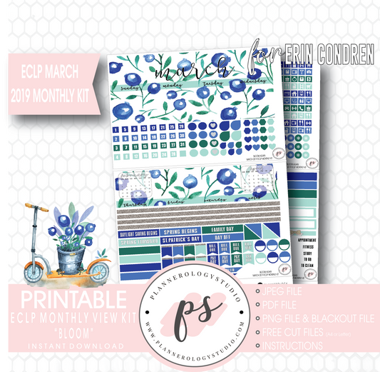 Bloom Again March 2019 Monthly View Kit Digital Printable Planner Stickers (for use with Erin Condren) - Plannerologystudio