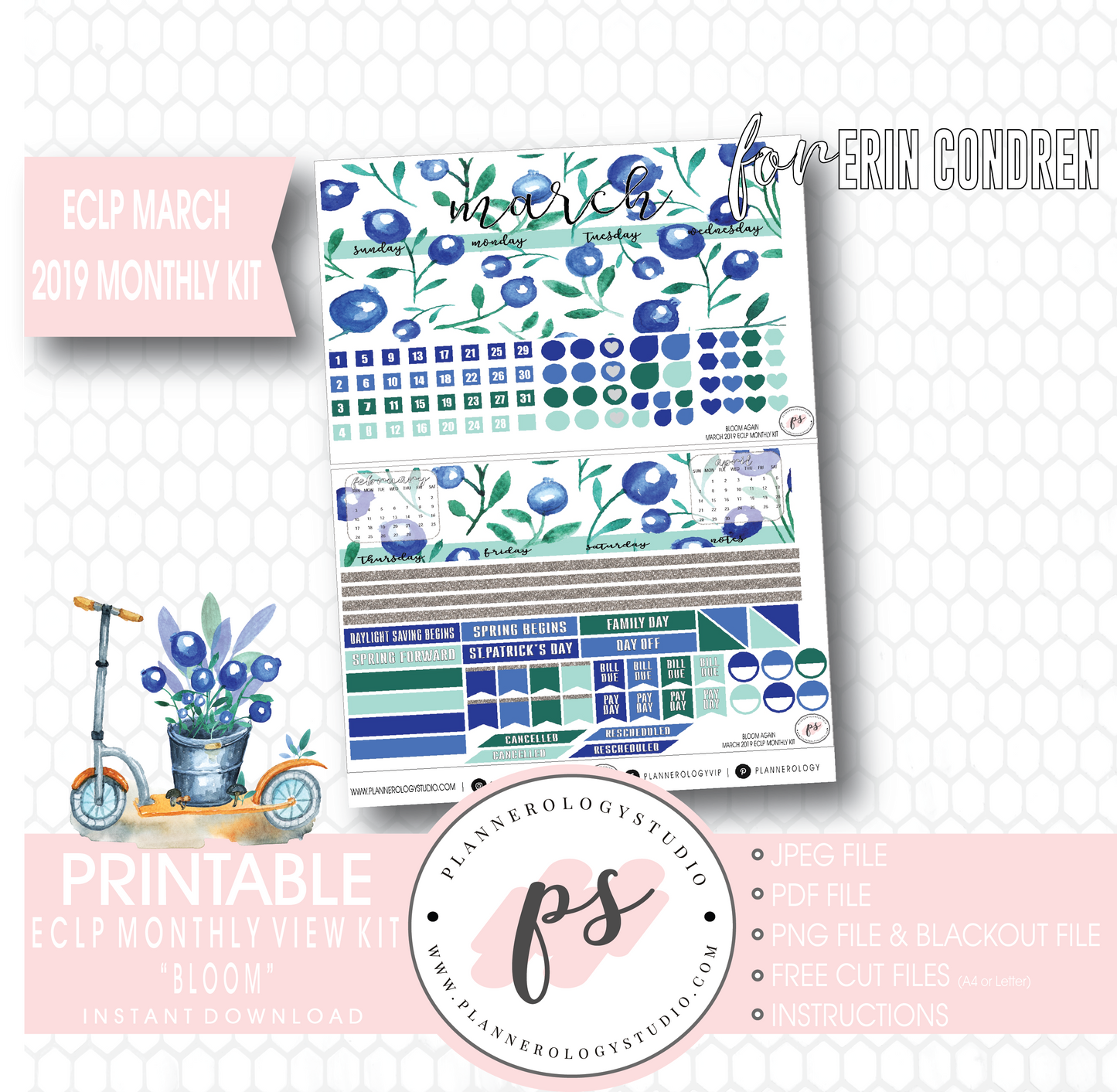 Bloom Again March 2019 Monthly View Kit Digital Printable Planner Stickers (for use with Erin Condren) - Plannerologystudio