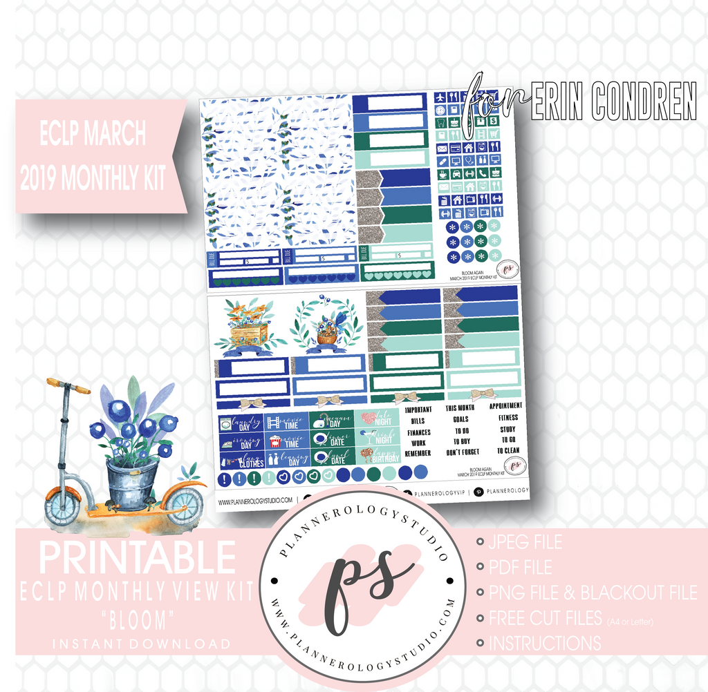Bloom Again March 2019 Monthly View Kit Digital Printable Planner Stickers (for use with Erin Condren) - Plannerologystudio