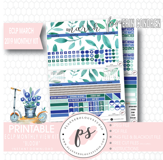 Bloom March 2019 Monthly View Kit Digital Printable Planner Stickers (for use with Erin Condren) - Plannerologystudio