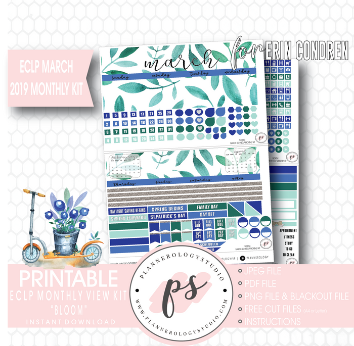 Bloom March 2019 Monthly View Kit Digital Printable Planner Stickers (for use with Erin Condren) - Plannerologystudio