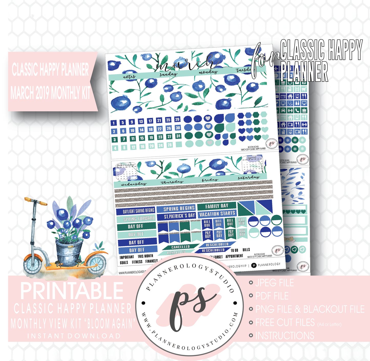 Bloom Again March 2019 Monthly View Kit Digital Printable Planner Stickers (for use with Classic Happy Planner) - Plannerologystudio