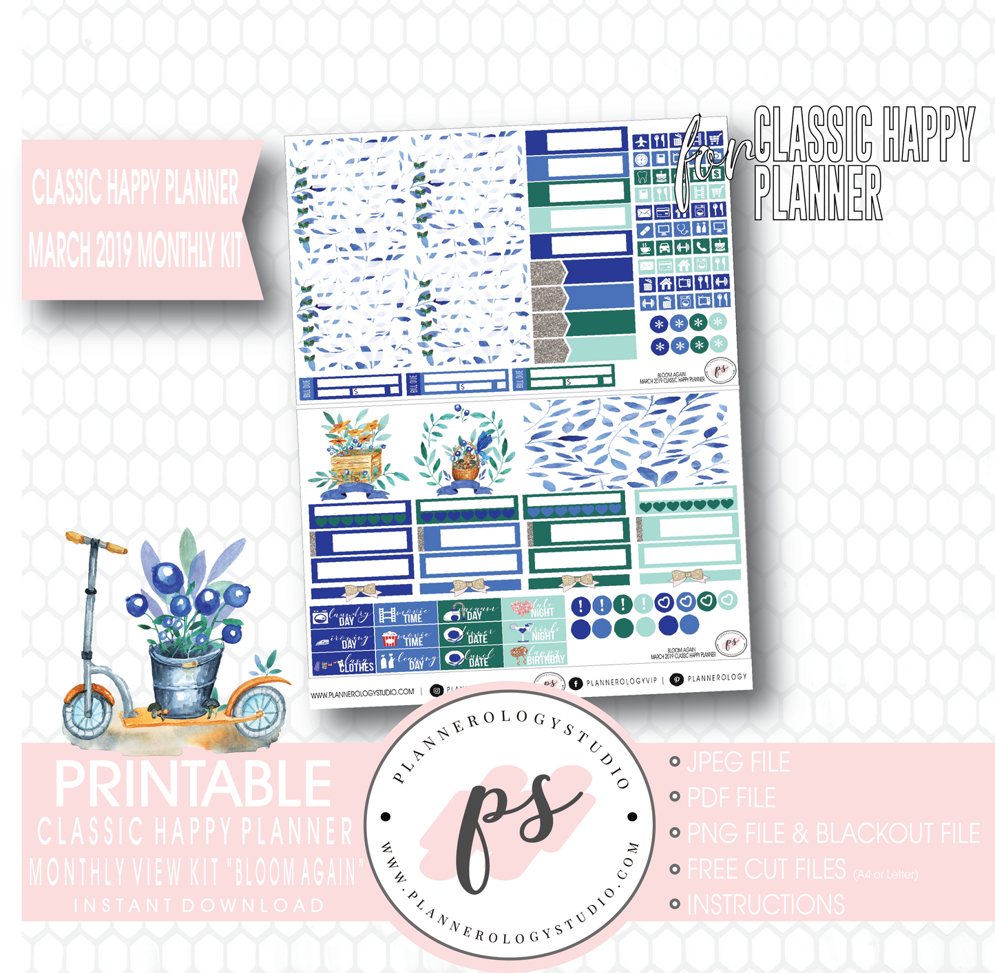 Bloom Again March 2019 Monthly View Kit Digital Printable Planner Stickers (for use with Classic Happy Planner) - Plannerologystudio