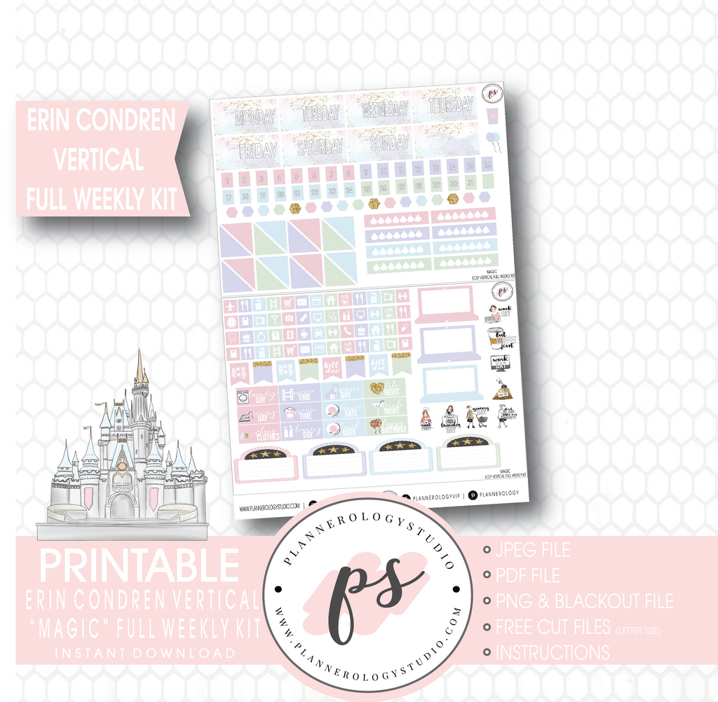 Magic (Disney Inspired) Full Weekly Kit Printable Planner Stickers (for use with Erin Condren Vertical) - Plannerologystudio