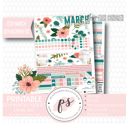 Spring Love March 2019 Monthly View Kit Digital Printable Planner Stickers (for use with Erin Condren) - Plannerologystudio