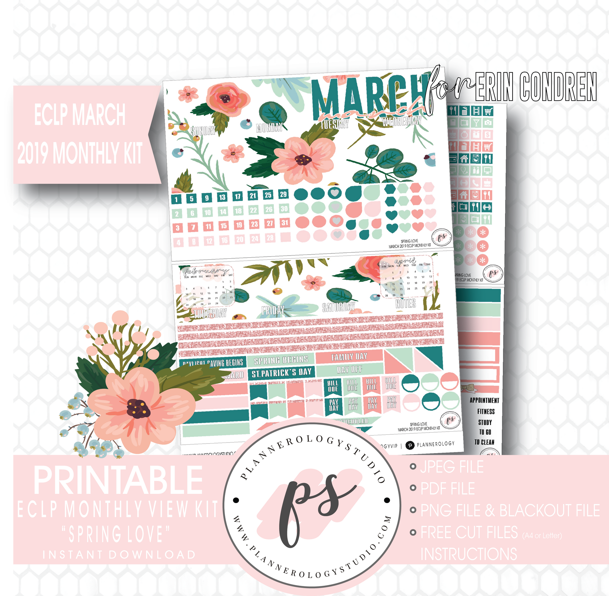 Spring Love March 2019 Monthly View Kit Digital Printable Planner Stickers (for use with Erin Condren) - Plannerologystudio