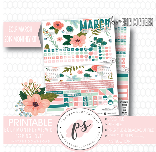 Spring Love March 2019 Monthly View Kit Digital Printable Planner Stickers (for use with Erin Condren) - Plannerologystudio