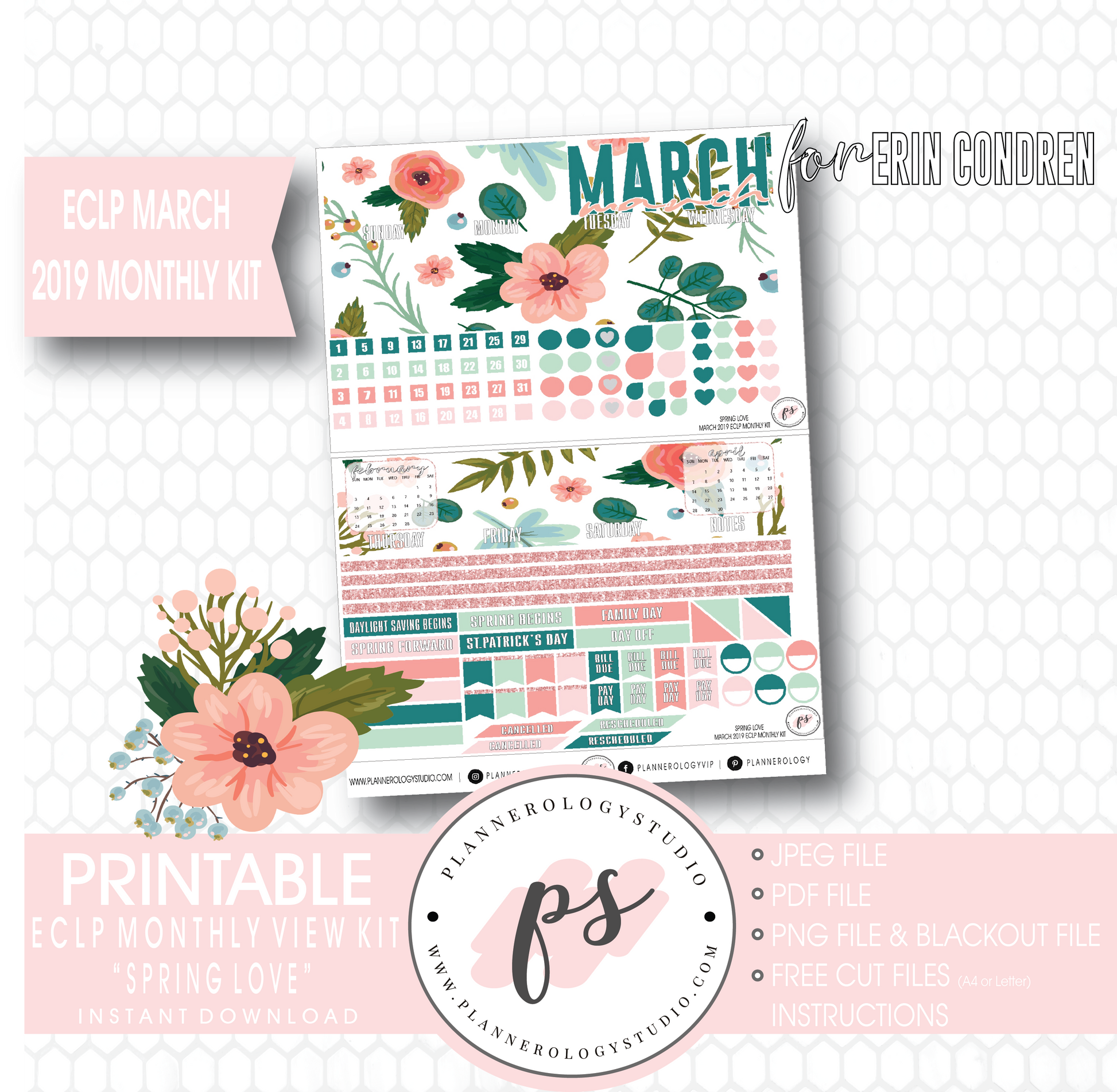 Spring Love March 2019 Monthly View Kit Digital Printable Planner Stickers (for use with Erin Condren) - Plannerologystudio