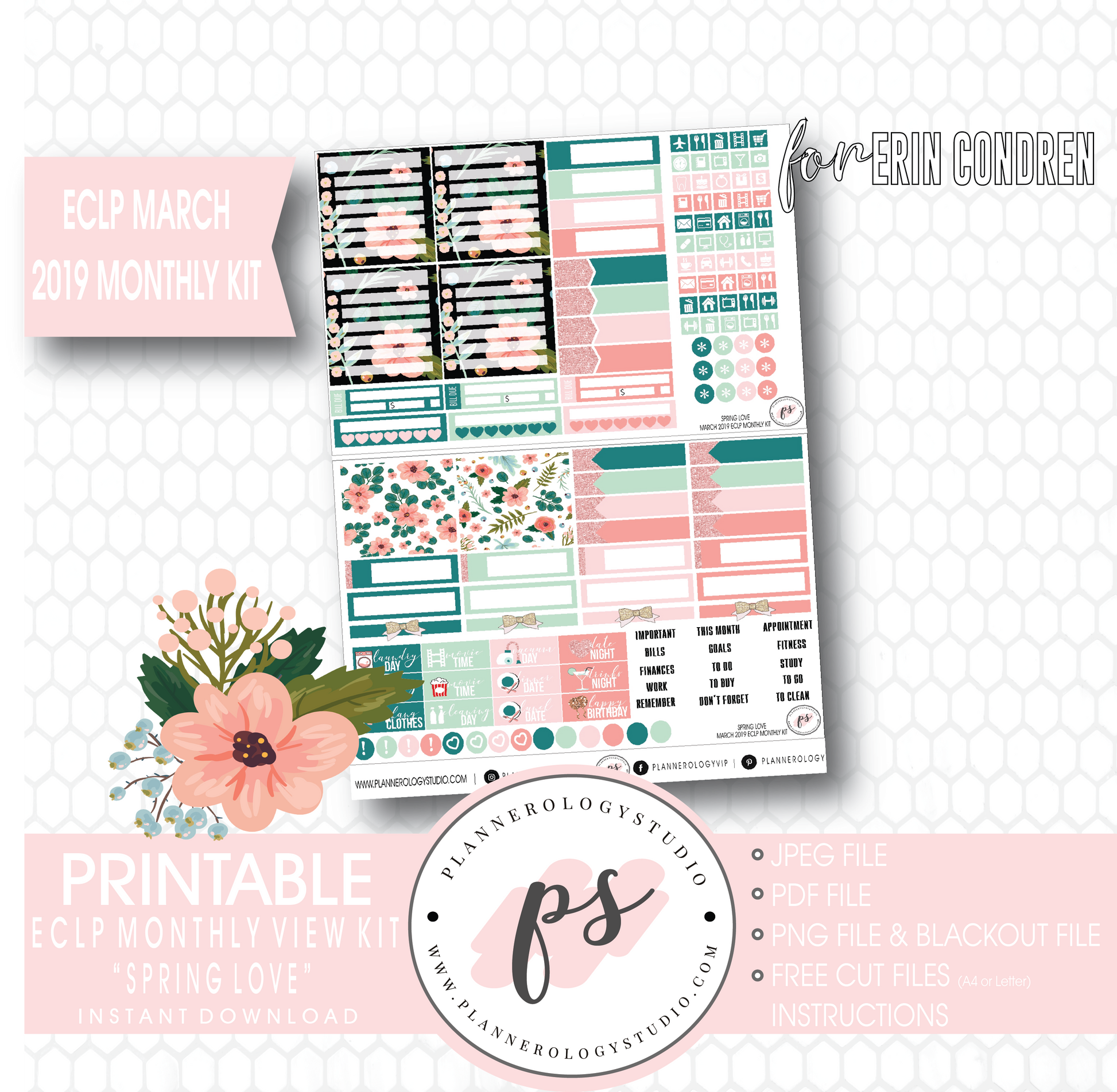 Spring Love March 2019 Monthly View Kit Digital Printable Planner Stickers (for use with Erin Condren) - Plannerologystudio