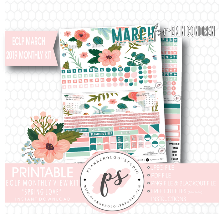 Spring Love March 2019 Monthly View Kit Digital Printable Planner Stickers (for use with Erin Condren) - Plannerologystudio