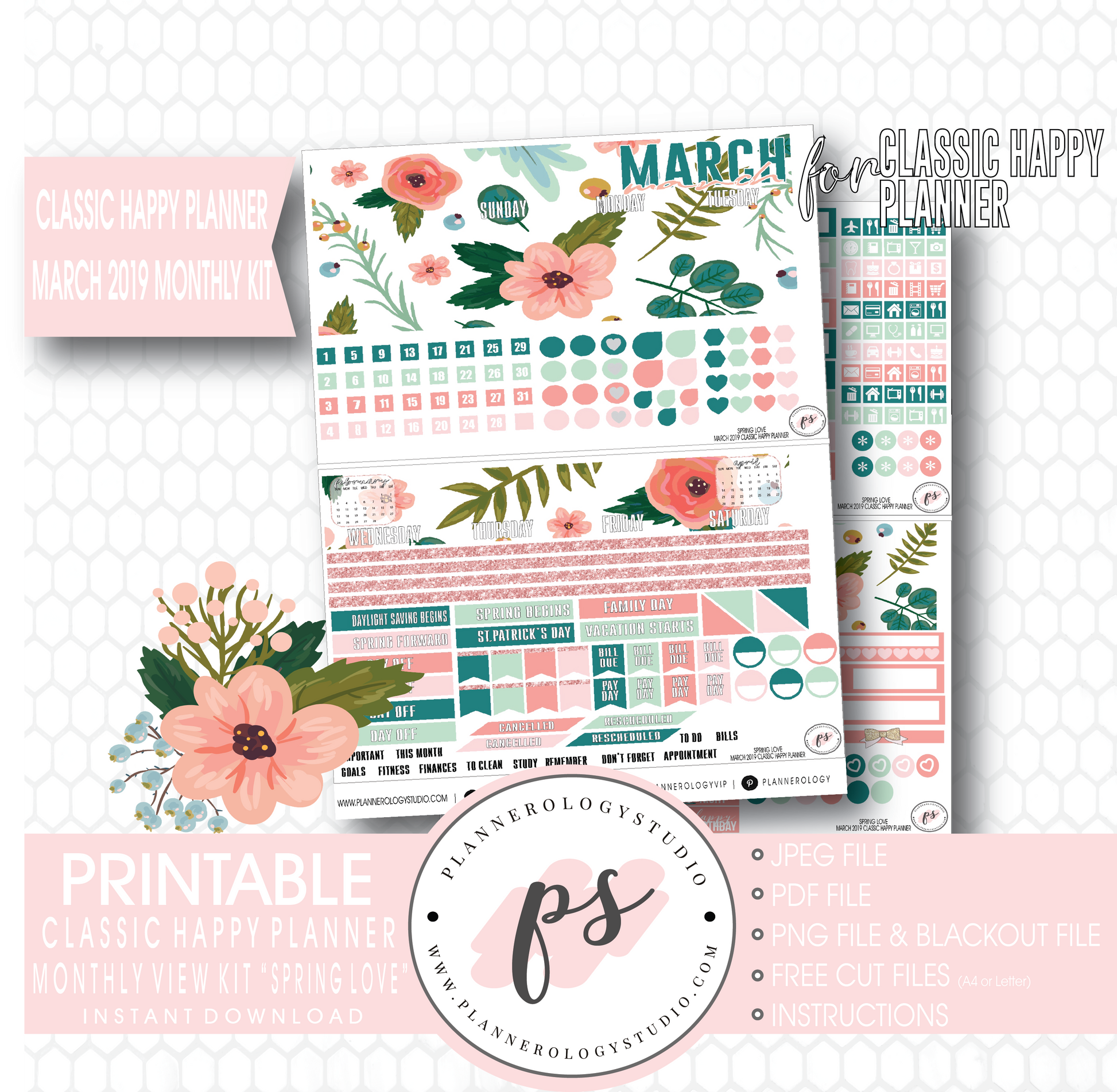 Spring Love March 2019 Monthly View Kit Digital Printable Planner Stickers (for use with Classic Happy Planner) - Plannerologystudio