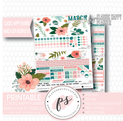 Spring Love March 2019 Monthly View Kit Digital Printable Planner Stickers (for use with Classic Happy Planner) - Plannerologystudio