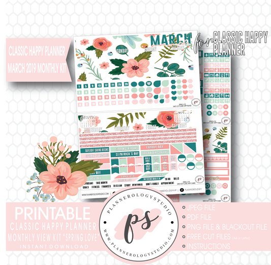 Spring Love March 2019 Monthly View Kit Digital Printable Planner Stickers (for use with Classic Happy Planner) - Plannerologystudio