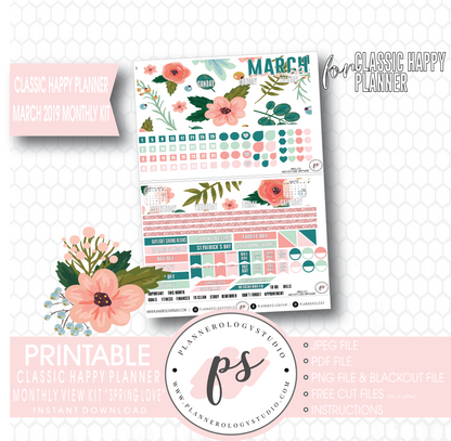 Spring Love March 2019 Monthly View Kit Digital Printable Planner Stickers (for use with Classic Happy Planner) - Plannerologystudio