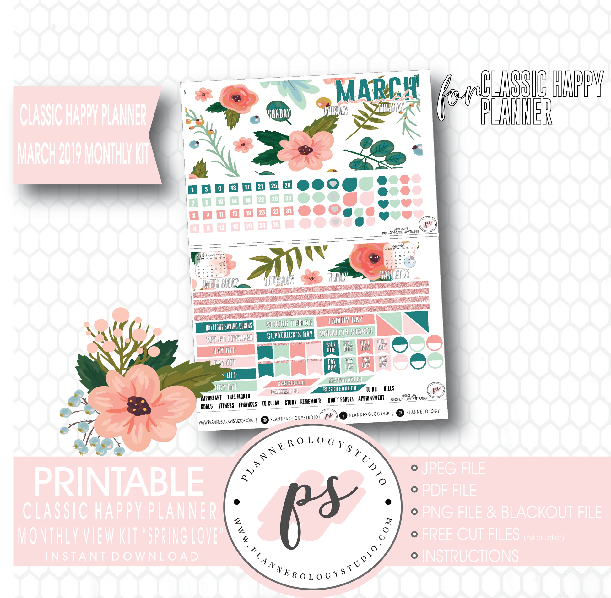 Spring Love March 2019 Monthly View Kit Digital Printable Planner Stickers (for use with Classic Happy Planner) - Plannerologystudio