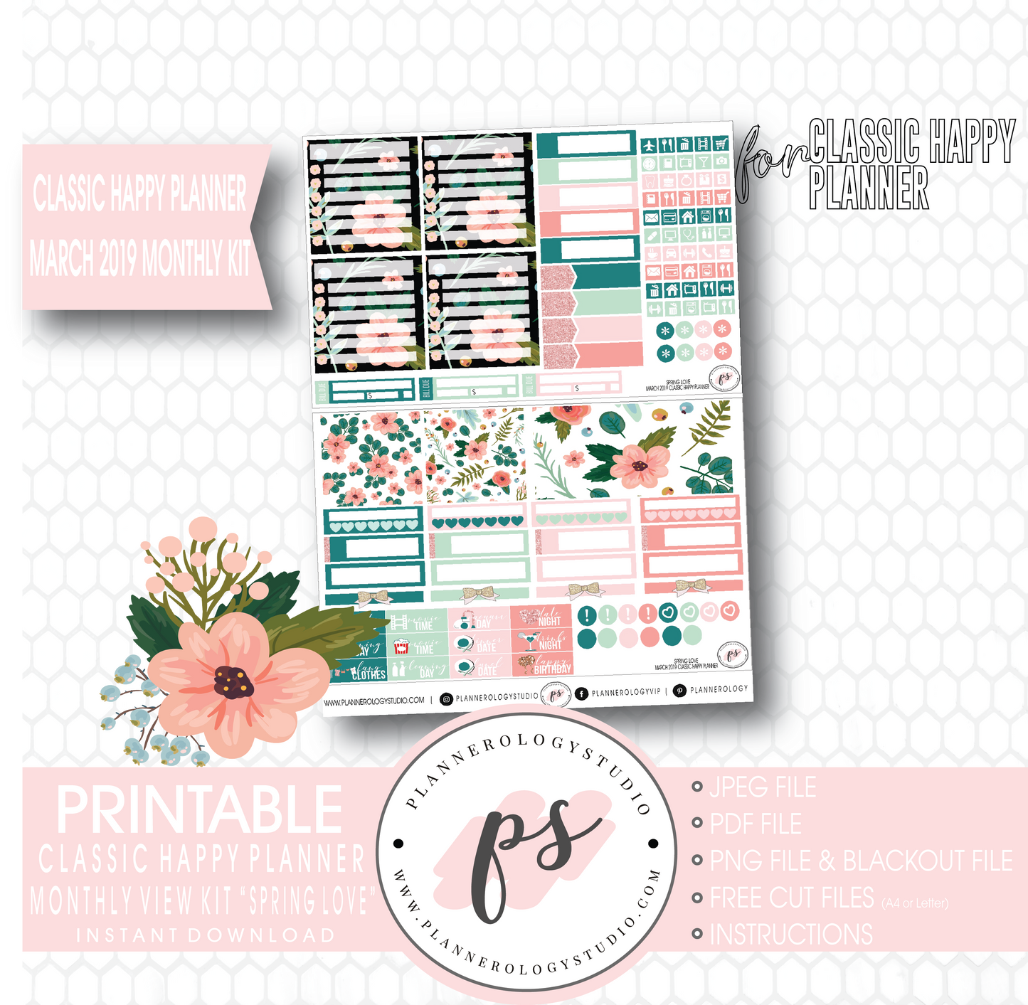 Spring Love March 2019 Monthly View Kit Digital Printable Planner Stickers (for use with Classic Happy Planner) - Plannerologystudio