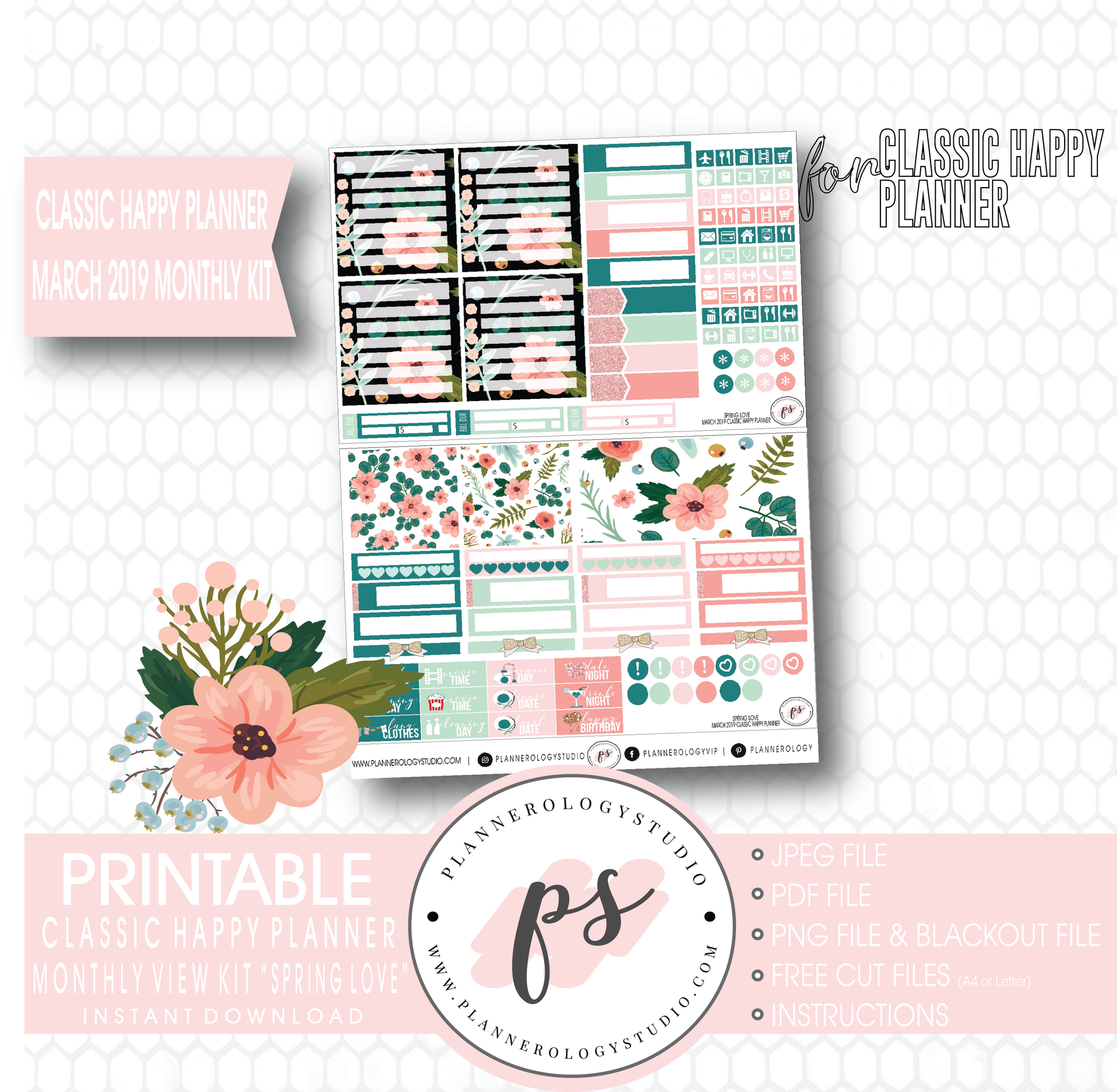 Spring Love March 2019 Monthly View Kit Digital Printable Planner Stickers (for use with Classic Happy Planner) - Plannerologystudio