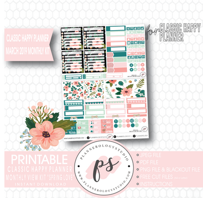 Spring Love March 2019 Monthly View Kit Digital Printable Planner Stickers (for use with Classic Happy Planner) - Plannerologystudio