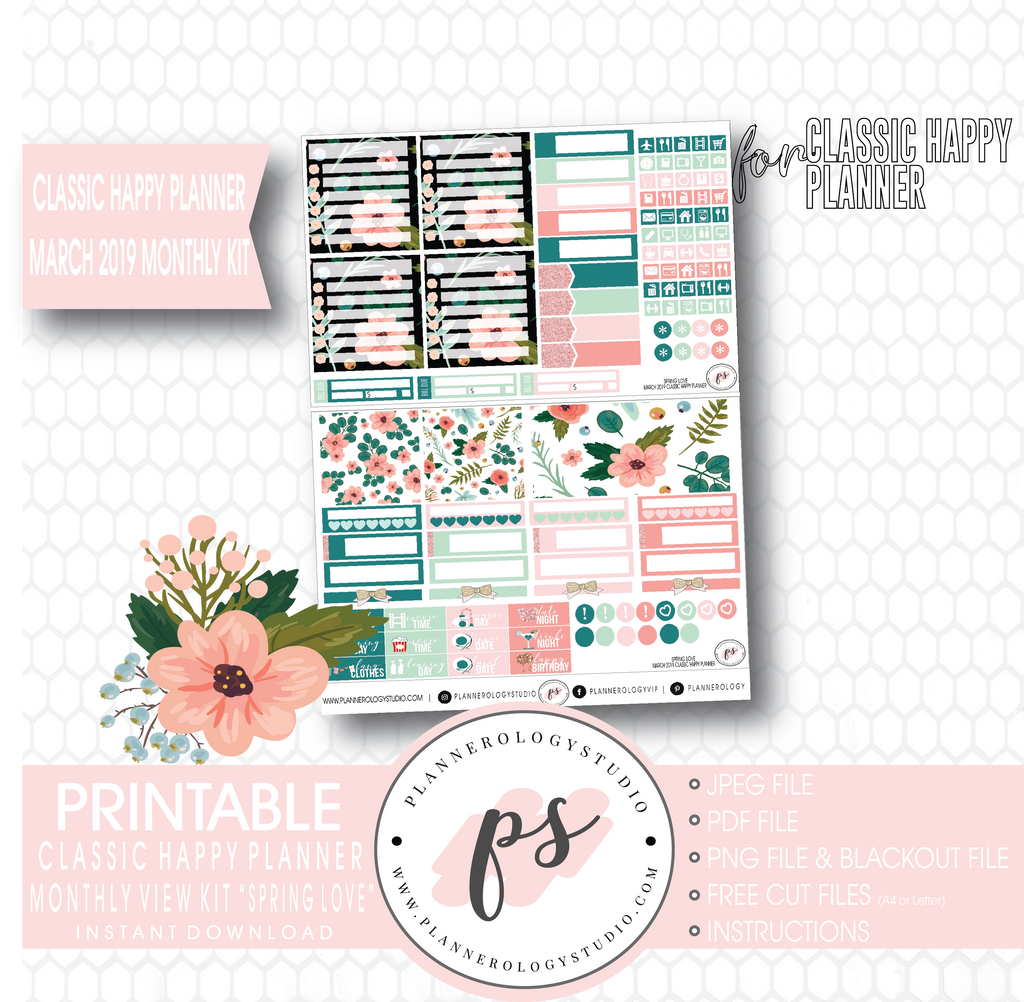 Spring Love March 2019 Monthly View Kit Digital Printable Planner Stickers (for use with Classic Happy Planner) - Plannerologystudio