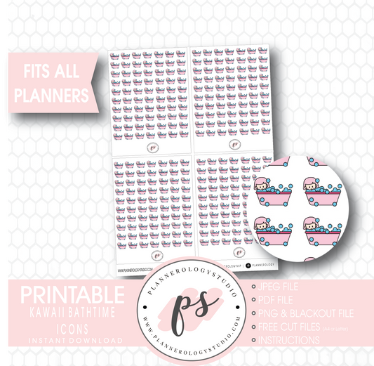 Kawaii Bathtime Icons Digital Printable Planner Stickers - Plannerologystudio