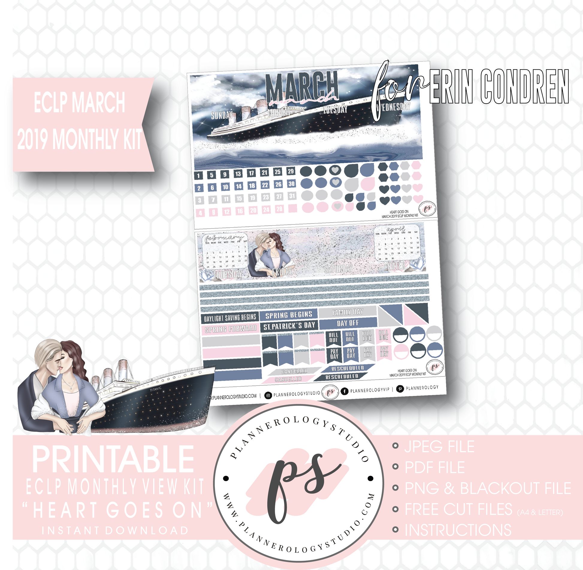 Heart Goes On (Titanic) March 2019 Monthly View Kit Digital Printable Planner Stickers (for use with Erin Condren) - Plannerologystudio