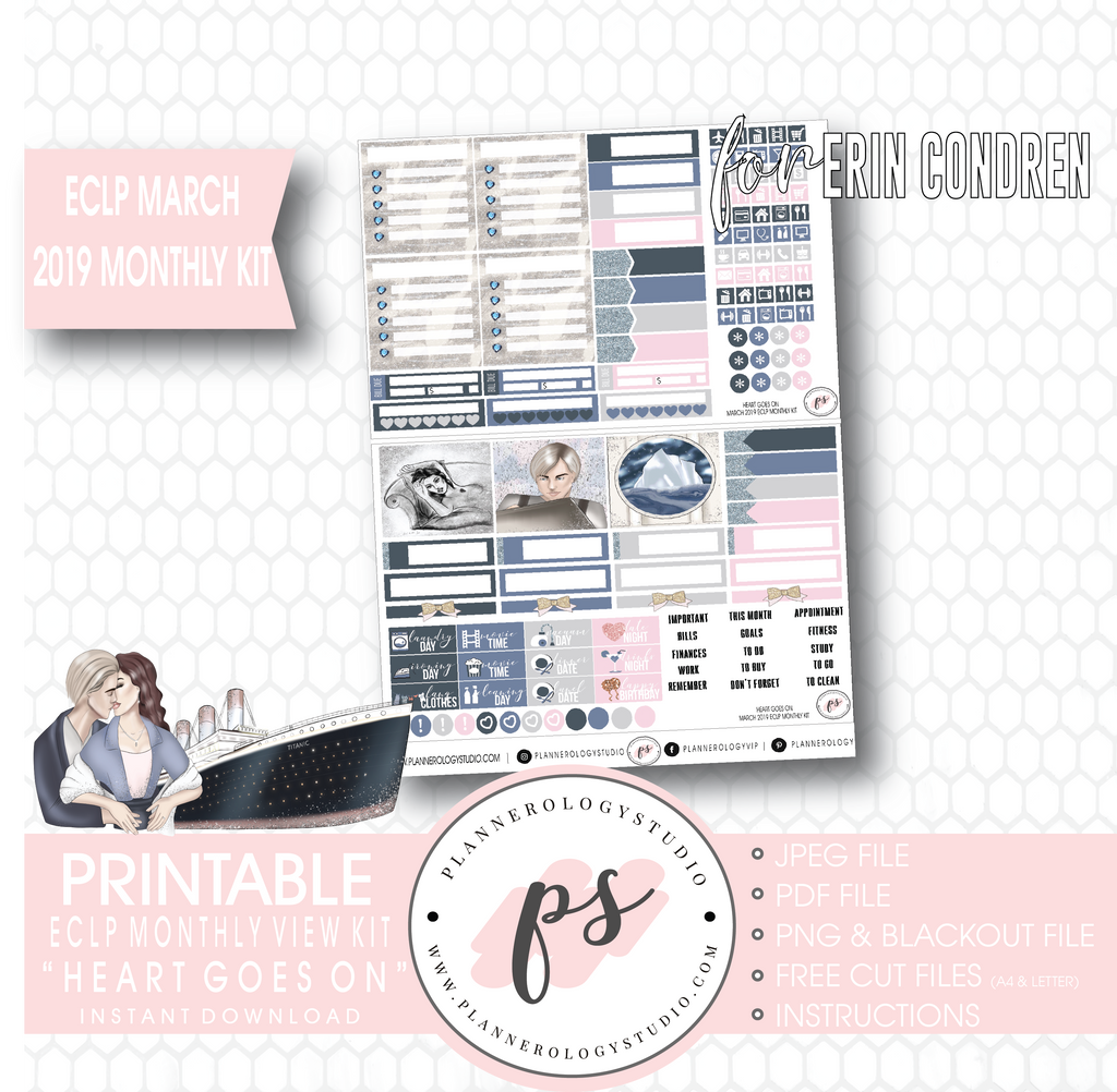 Heart Goes On (Titanic) March 2019 Monthly View Kit Digital Printable Planner Stickers (for use with Erin Condren) - Plannerologystudio