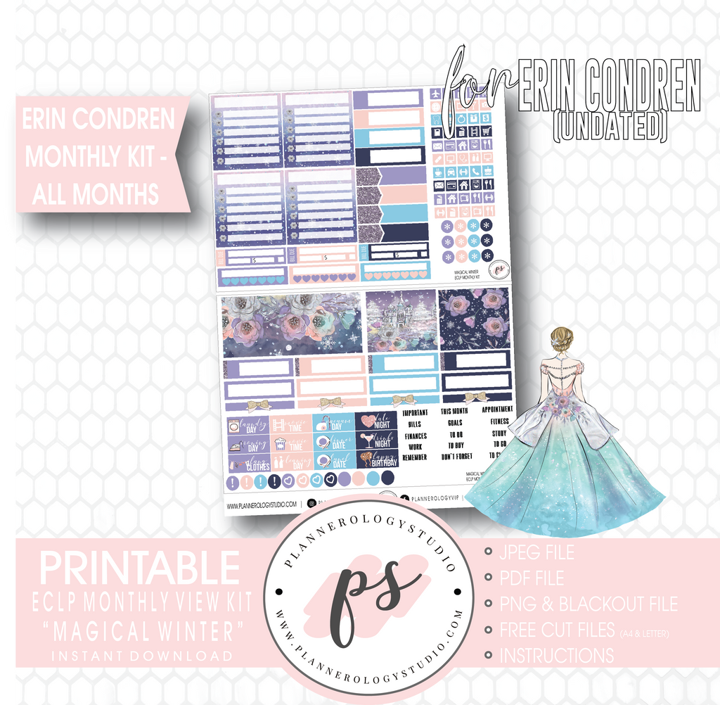Magical Winter Undated Monthly View Kit (All Months) Digital Printable Planner Stickers (for use with Erin Condren) - Plannerologystudio