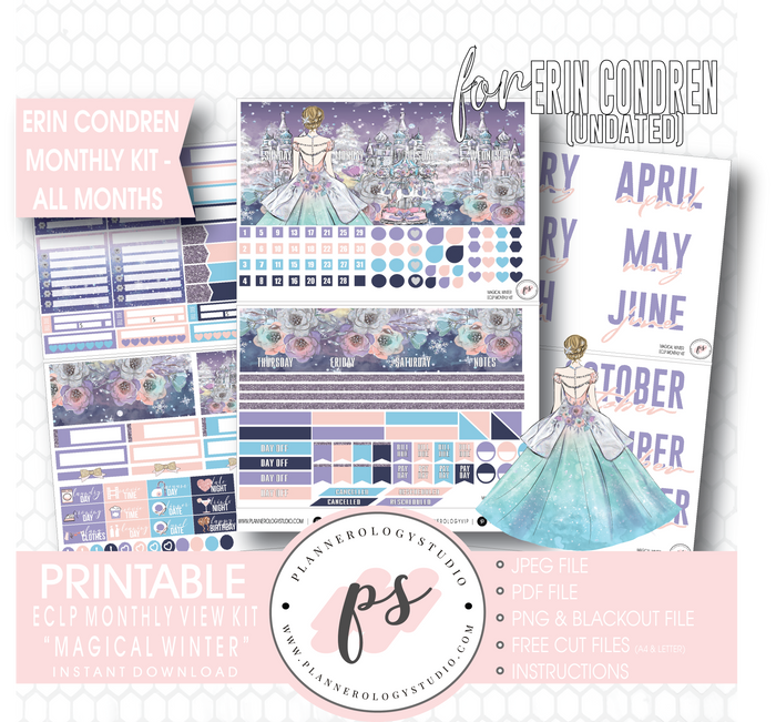 Magical Winter Undated Monthly View Kit (All Months) Digital Printable Planner Stickers (for use with Erin Condren) - Plannerologystudio