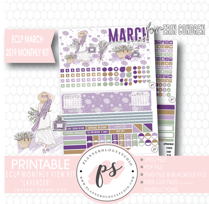 Lavender March 2019 Monthly View Kit Digital Printable Planner Stickers (for use with Erin Condren) - Plannerologystudio