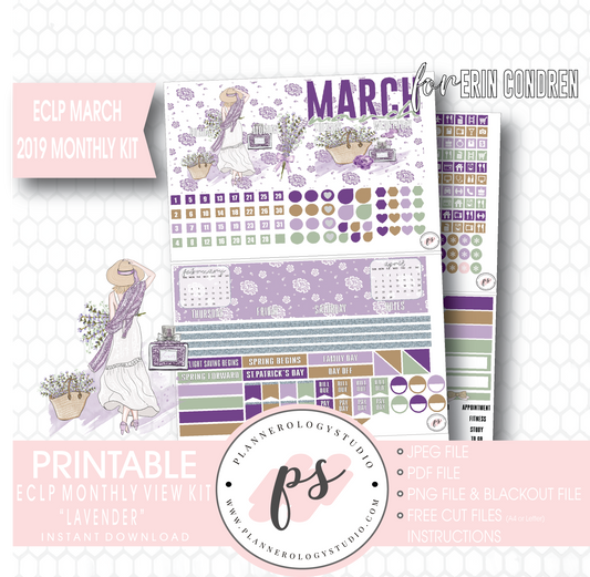 Lavender March 2019 Monthly View Kit Digital Printable Planner Stickers (for use with Erin Condren) - Plannerologystudio