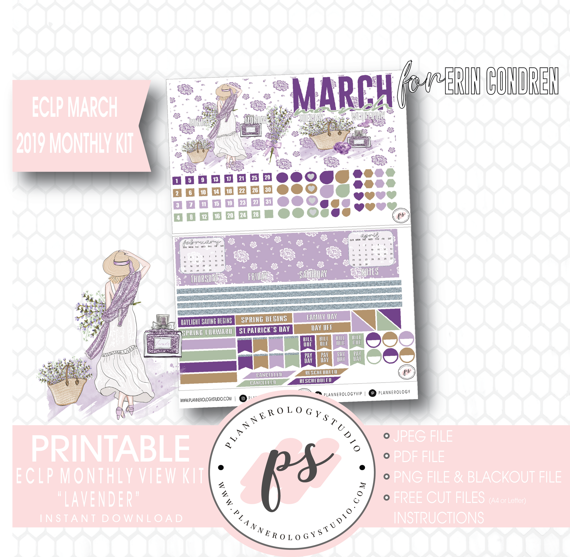 Lavender March 2019 Monthly View Kit Digital Printable Planner Stickers (for use with Erin Condren) - Plannerologystudio