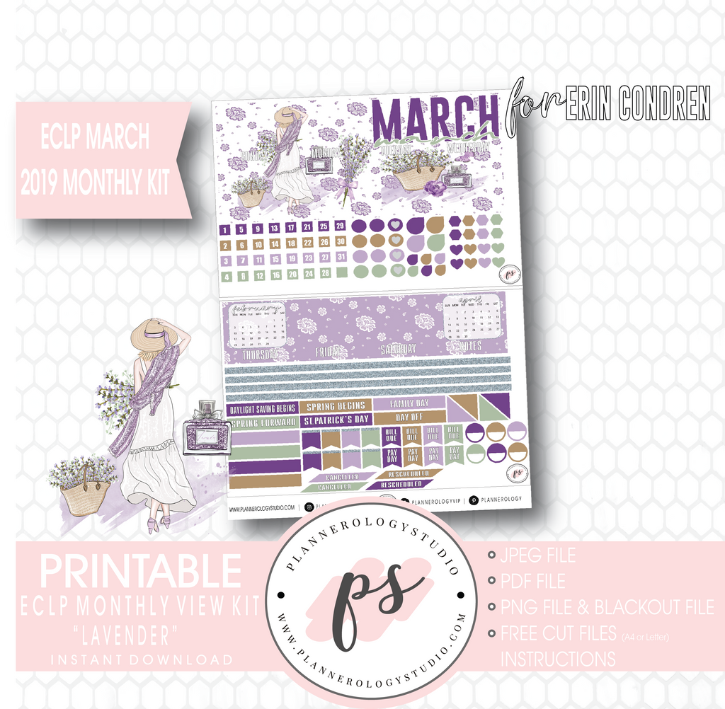 Lavender March 2019 Monthly View Kit Digital Printable Planner Stickers (for use with Erin Condren) - Plannerologystudio