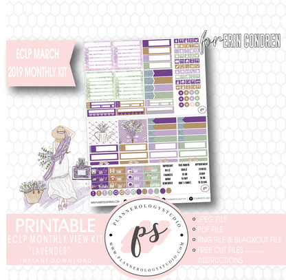 Lavender March 2019 Monthly View Kit Digital Printable Planner Stickers (for use with Erin Condren) - Plannerologystudio