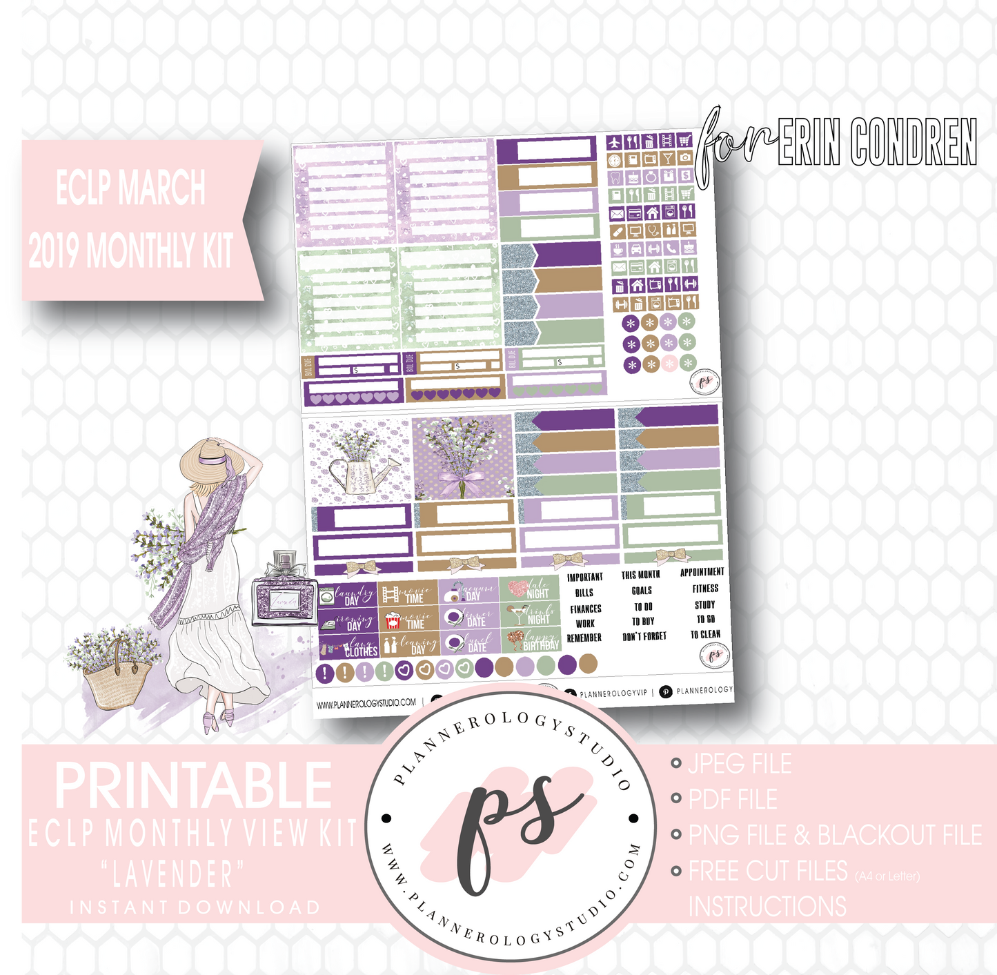 Lavender March 2019 Monthly View Kit Digital Printable Planner Stickers (for use with Erin Condren) - Plannerologystudio