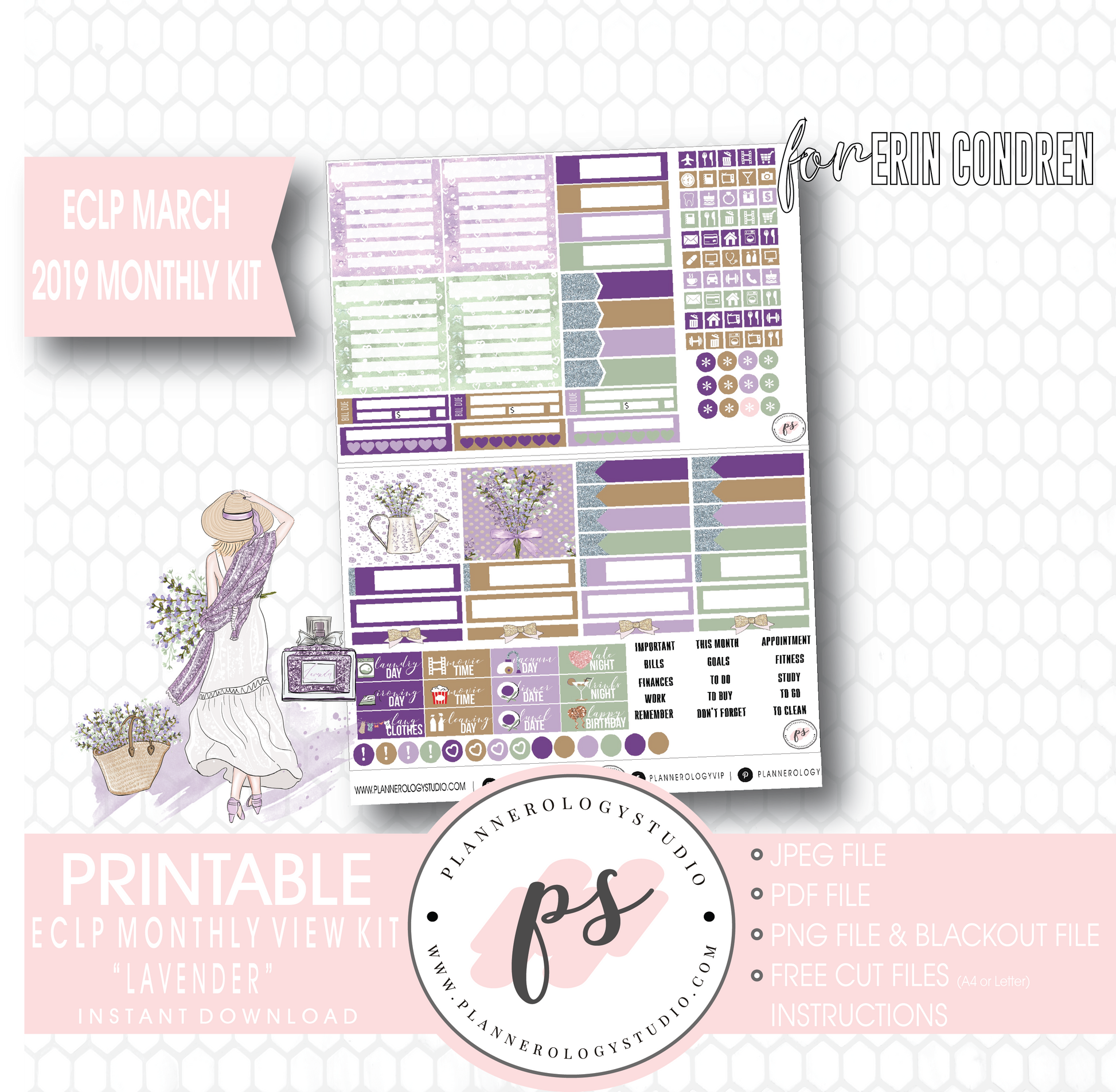 Lavender March 2019 Monthly View Kit Digital Printable Planner Stickers (for use with Erin Condren) - Plannerologystudio