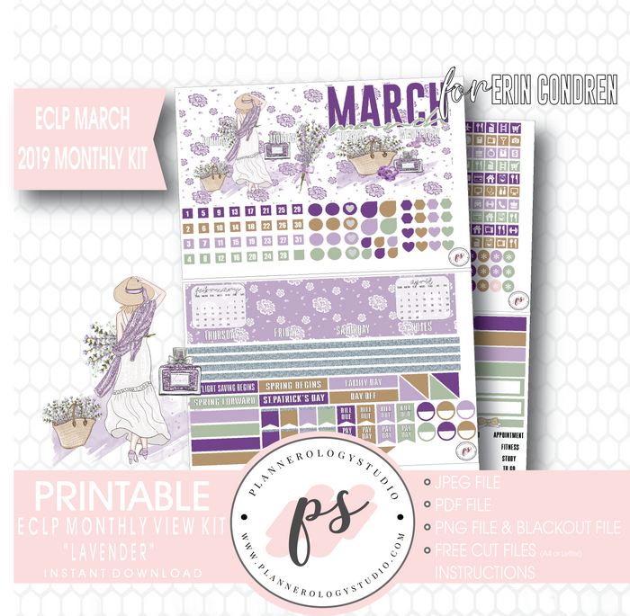 Lavender March 2019 Monthly View Kit Digital Printable Planner Stickers (for use with Erin Condren) - Plannerologystudio