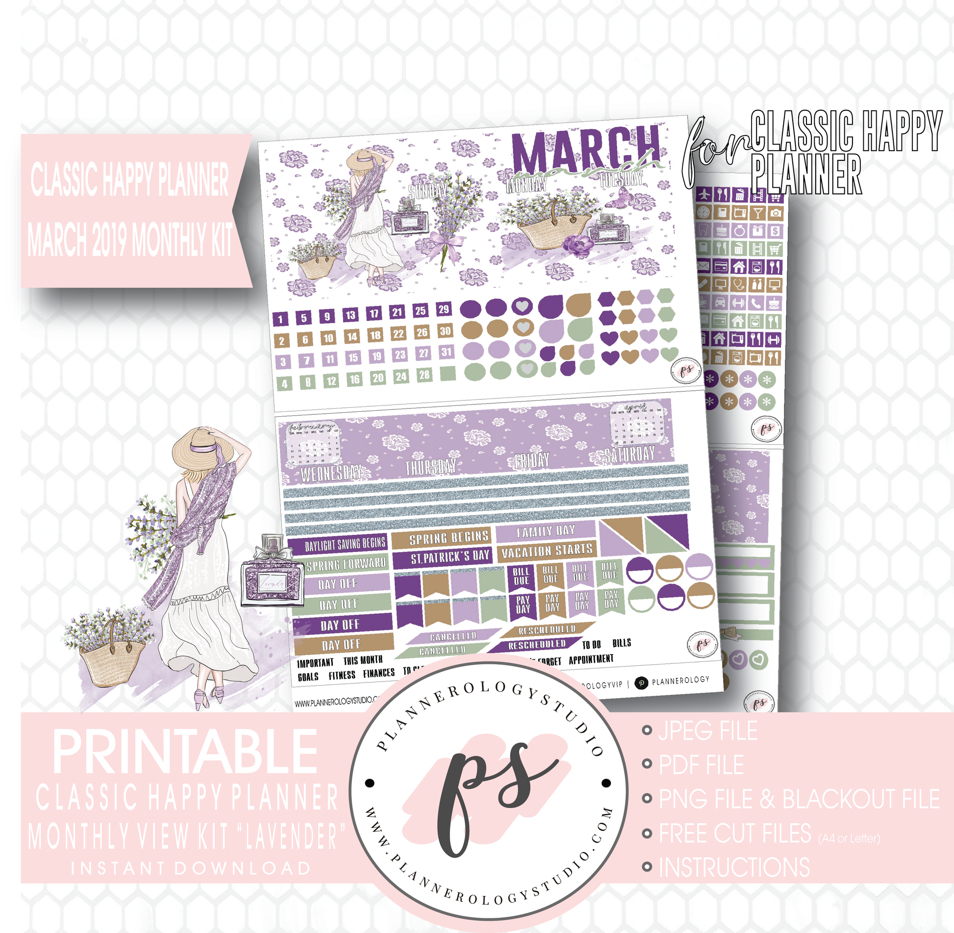 Lavender March 2019 Monthly View Kit Digital Printable Planner Stickers (for use with Classic Happy Planner) - Plannerologystudio