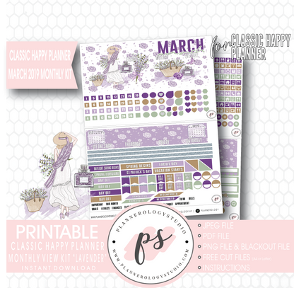 Lavender March 2019 Monthly View Kit Digital Printable Planner Stickers (for use with Classic Happy Planner) - Plannerologystudio