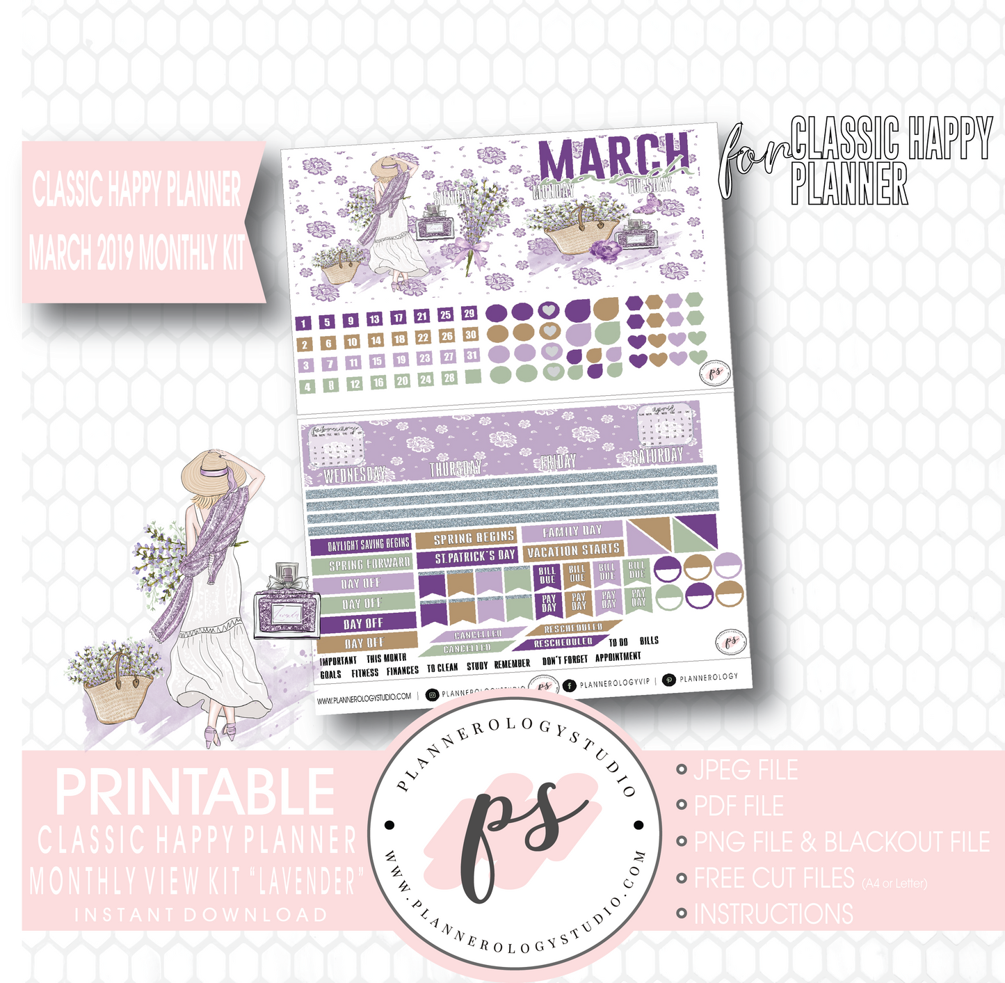 Lavender March 2019 Monthly View Kit Digital Printable Planner Stickers (for use with Classic Happy Planner) - Plannerologystudio