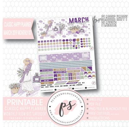 Lavender March 2019 Monthly View Kit Digital Printable Planner Stickers (for use with Classic Happy Planner) - Plannerologystudio