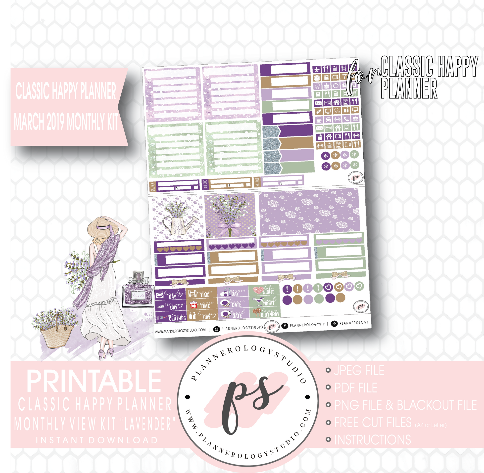 Lavender March 2019 Monthly View Kit Digital Printable Planner Stickers (for use with Classic Happy Planner) - Plannerologystudio
