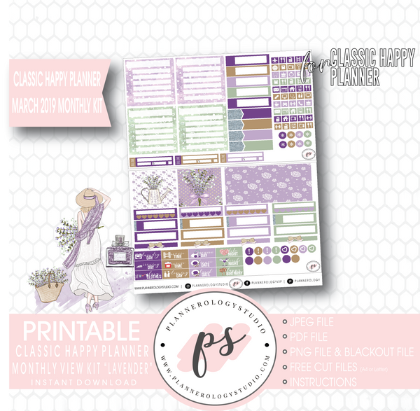 Lavender March 2019 Monthly View Kit Digital Printable Planner Sticker ...