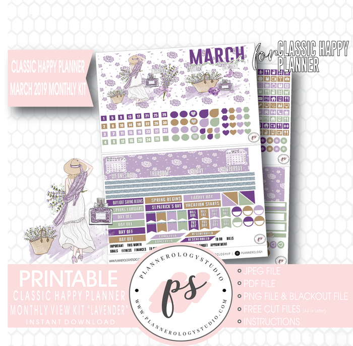 Lavender March 2019 Monthly View Kit Digital Printable Planner Stickers (for use with Classic Happy Planner) - Plannerologystudio