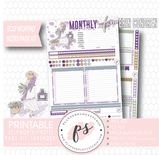 Lavender Monthly Notes Page Kit Digital Printable Planner Stickers (for use with Erin Condren) - Plannerologystudio